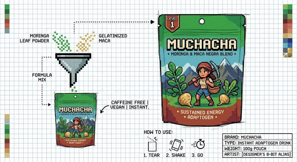 Muchacha moringa and black maca adaptogen pouch technical sheet