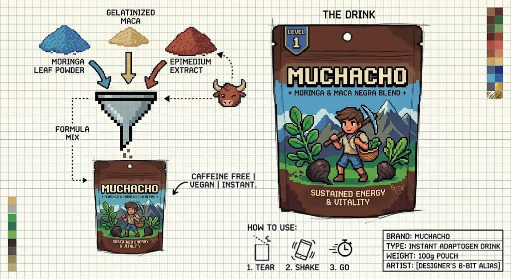 Muchacho moringa, black maca, and epimedium adaptogen pouch technical sheet